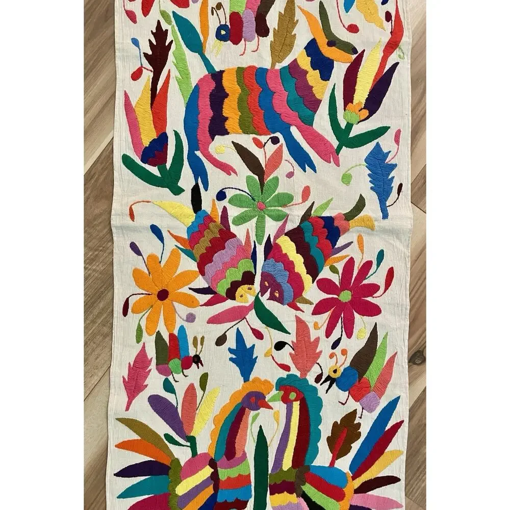 Vintage Hand Embroidered Mexican Otomi Table Runner 74 x 16.75 in. Multicolored